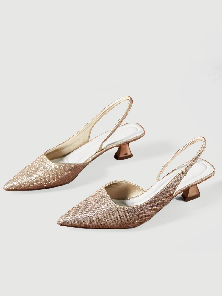 Sparkle Pointy Kitten Flared Pumps Slingbacks With Asymmetric Back Elastic Strap