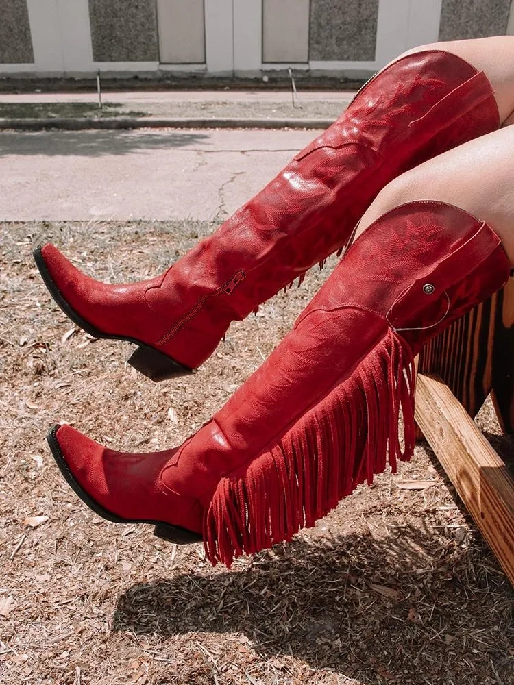 Red Fringe Embroidered Snip Zipper Knee High Cowgirl Boots