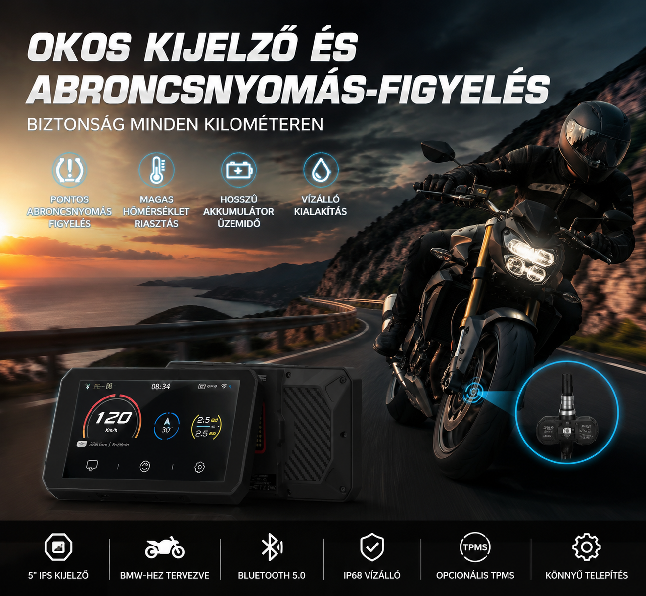 Motorkerékpárokhoz tervezve – Intelligens kijelző és TPMS a biztonságos minden utazáshoz