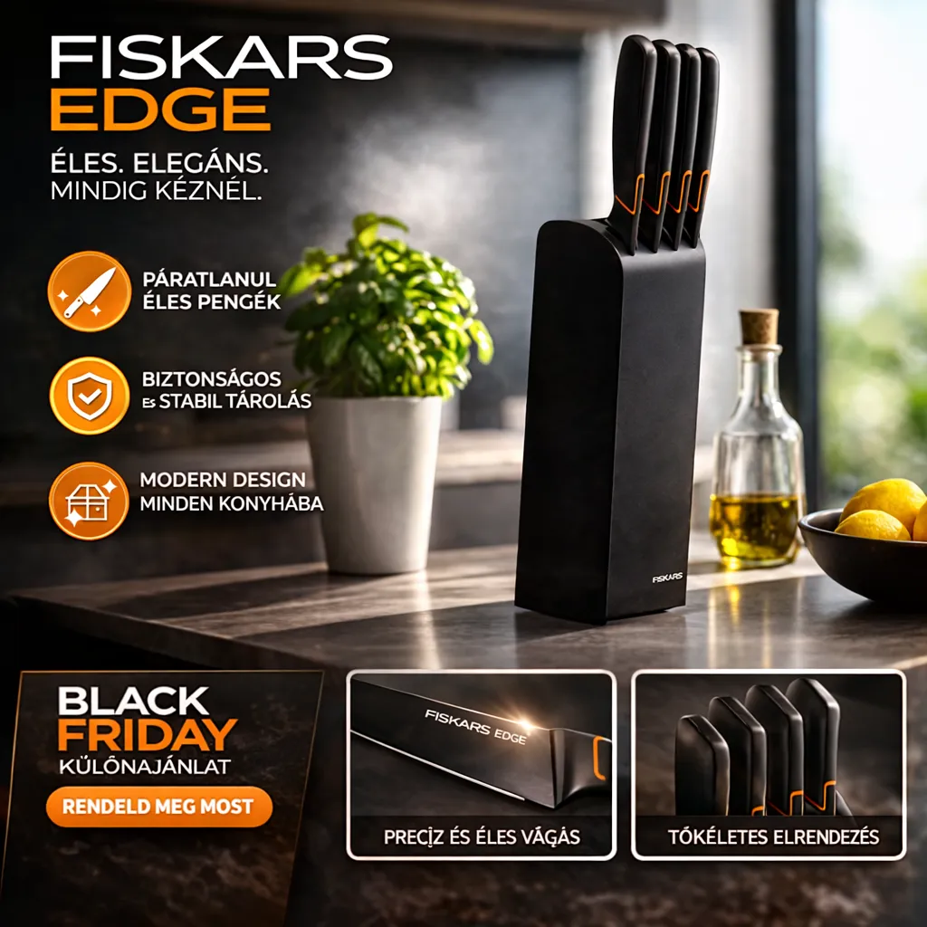 👩‍🍳 FISKARS® Limitált kiadás: EDGE 5 részes konyhai késkészlet – éles kések + tartó + késélező