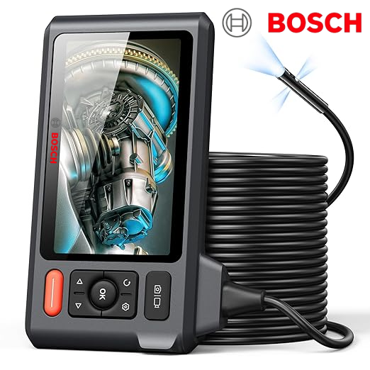 Háromlencsés endoszkóp kamera lámpával, 50 láb hosszú, félmerev kábellel, BOSCH 5" IPS képernyős csatornavizsgáló kamera, 1080P ipari boreszkóp, osztott képernyő, vízálló lefolyócső-szerszám, hordtáska