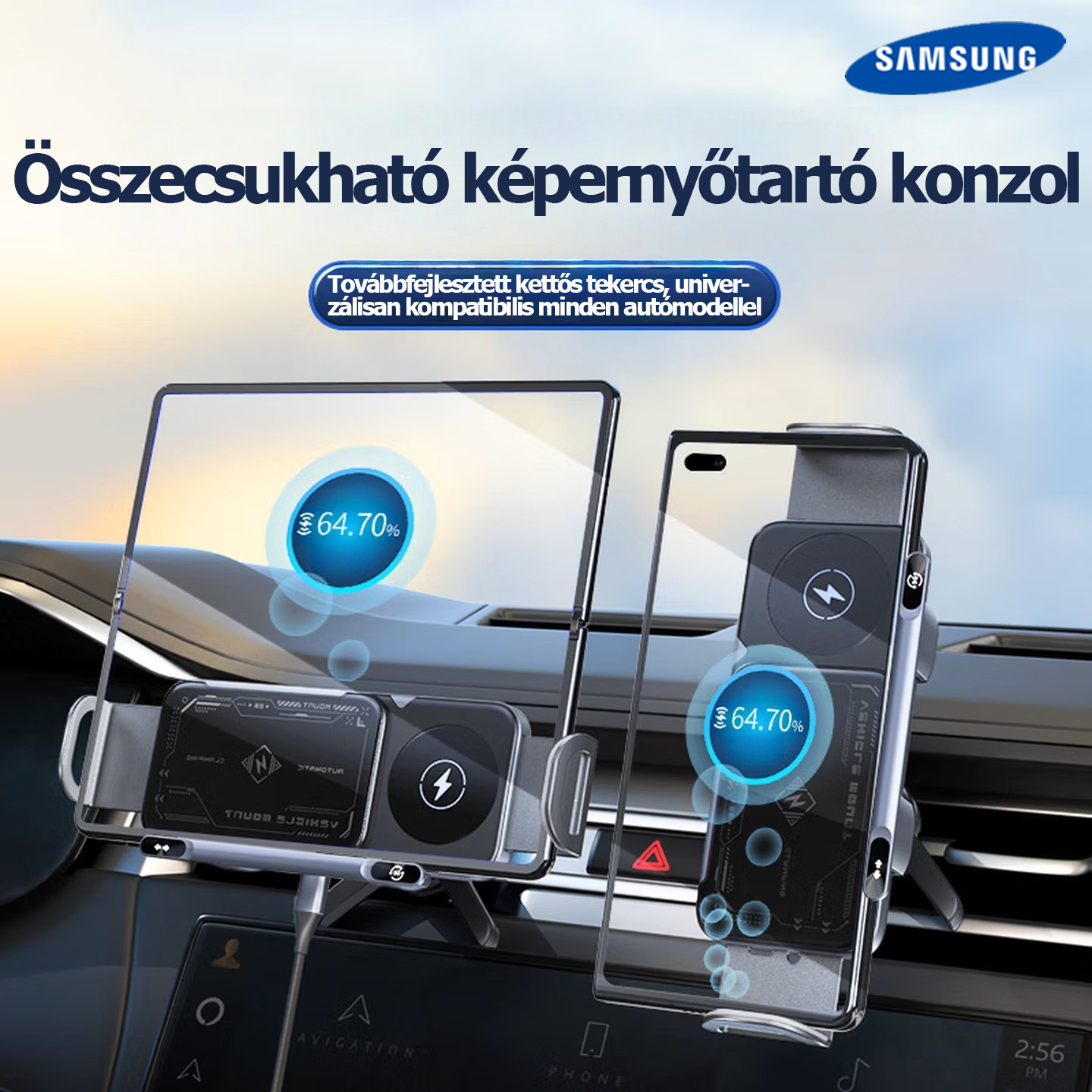 Samsung nagy teljesítményű okostelefon/tablet tartó, 2 az 1-ben automatikusan forgó telefontartó, autós gyorstöltő telefontartó, egy kattintással forgó autós szellőzőnyílásba épített telefontartó, okostelefonokhoz/tabletekhez/összecsukható telefonokhoz al