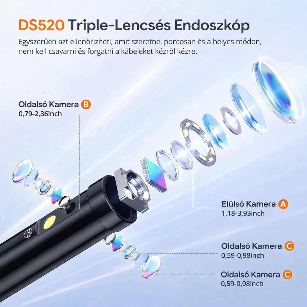 Háromlencsés endoszkóp kamera lámpával, 50 láb hosszú, félmerev kábellel, BOSCH 5" IPS képernyős csatornavizsgáló kamera, 1080P ipari boreszkóp, osztott képernyő, vízálló lefolyócső-szerszám, hordtáska