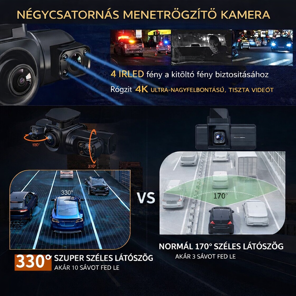 Garmin™ 4 csatornás autós kamera elöl, balra, jobbra és hátul, elöl és hátul belül, 360°-os panorámafelvétel HD autós kamerákkal, éjjellátóval，24 órás parkolófelügyelet