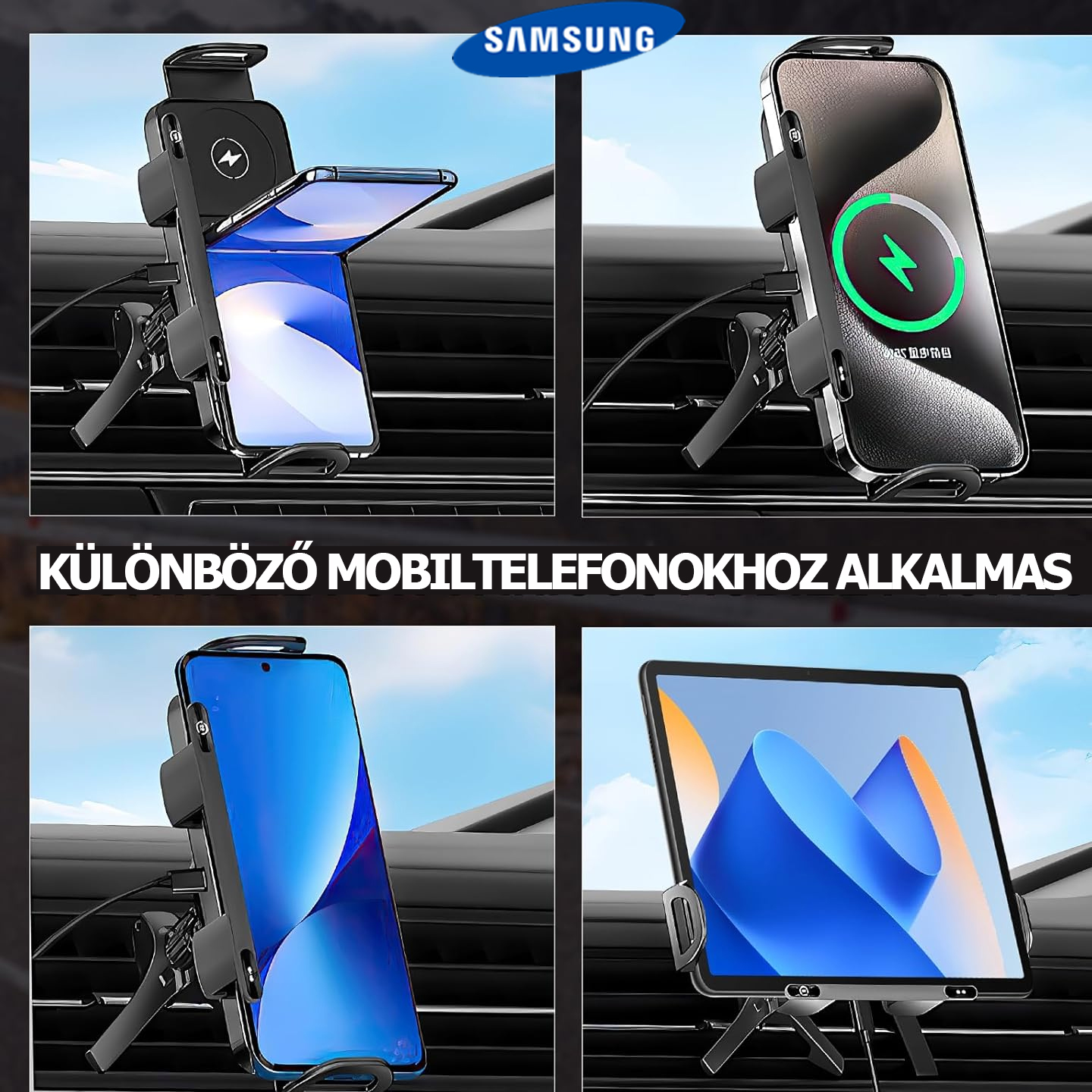 Samsung nagy teljesítményű okostelefon/tablet tartó, 2 az 1-ben automatikusan forgó telefontartó, autós gyorstöltő telefontartó, egy kattintással forgó autós szellőzőnyílásba épített telefontartó, okostelefonokhoz/tabletekhez/összecsukható telefonokhoz al