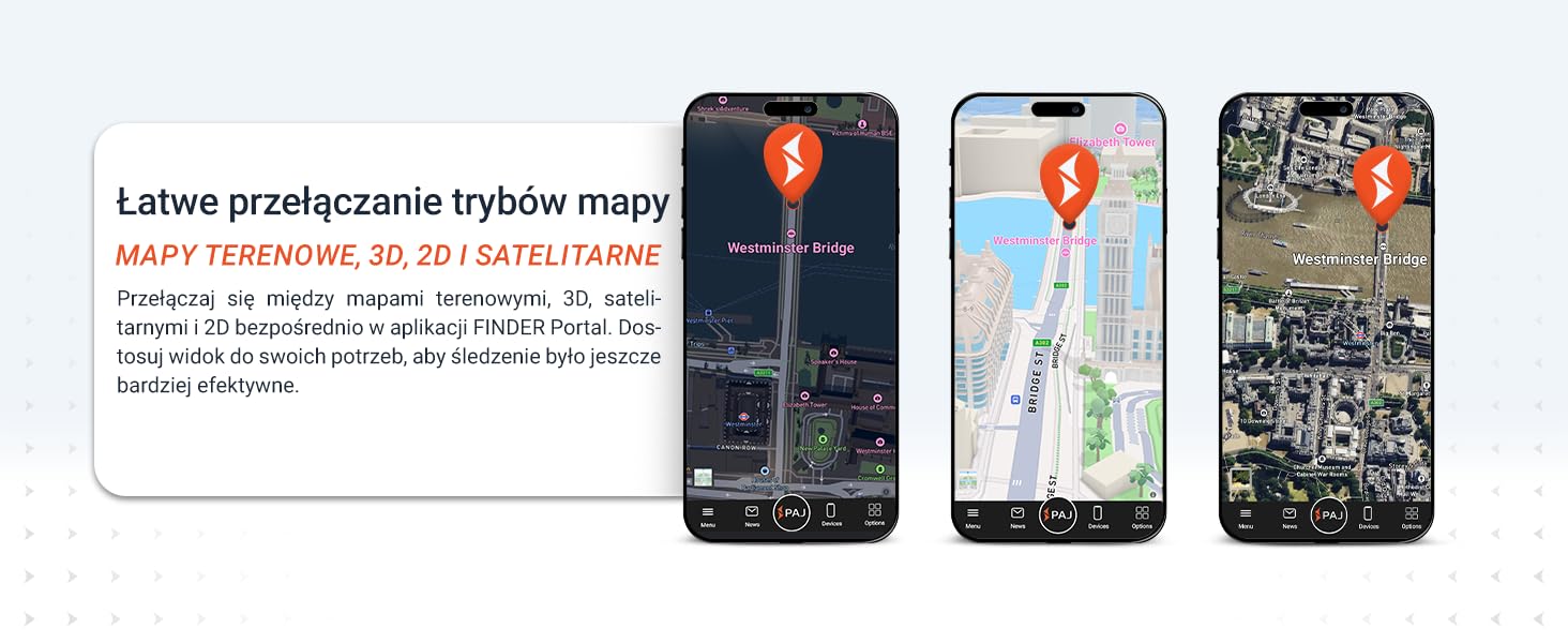 Trzy ekrany smartfon&oacute;w wyświetlające interfejsy aplikacji nawigacyjnych z widokami map, pokazujące r&oacute;żne opcje wizualizacji do śledzenia lokalizacji.