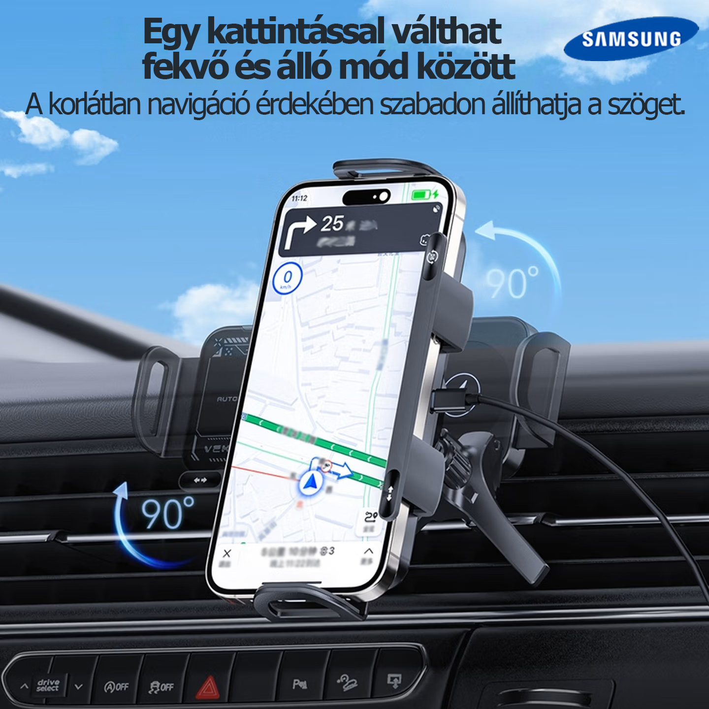 Samsung nagy teljesítményű okostelefon/tablet tartó, 2 az 1-ben automatikusan forgó telefontartó, autós gyorstöltő telefontartó, egy kattintással forgó autós szellőzőnyílásba épített telefontartó, okostelefonokhoz/tabletekhez/összecsukható telefonokhoz al