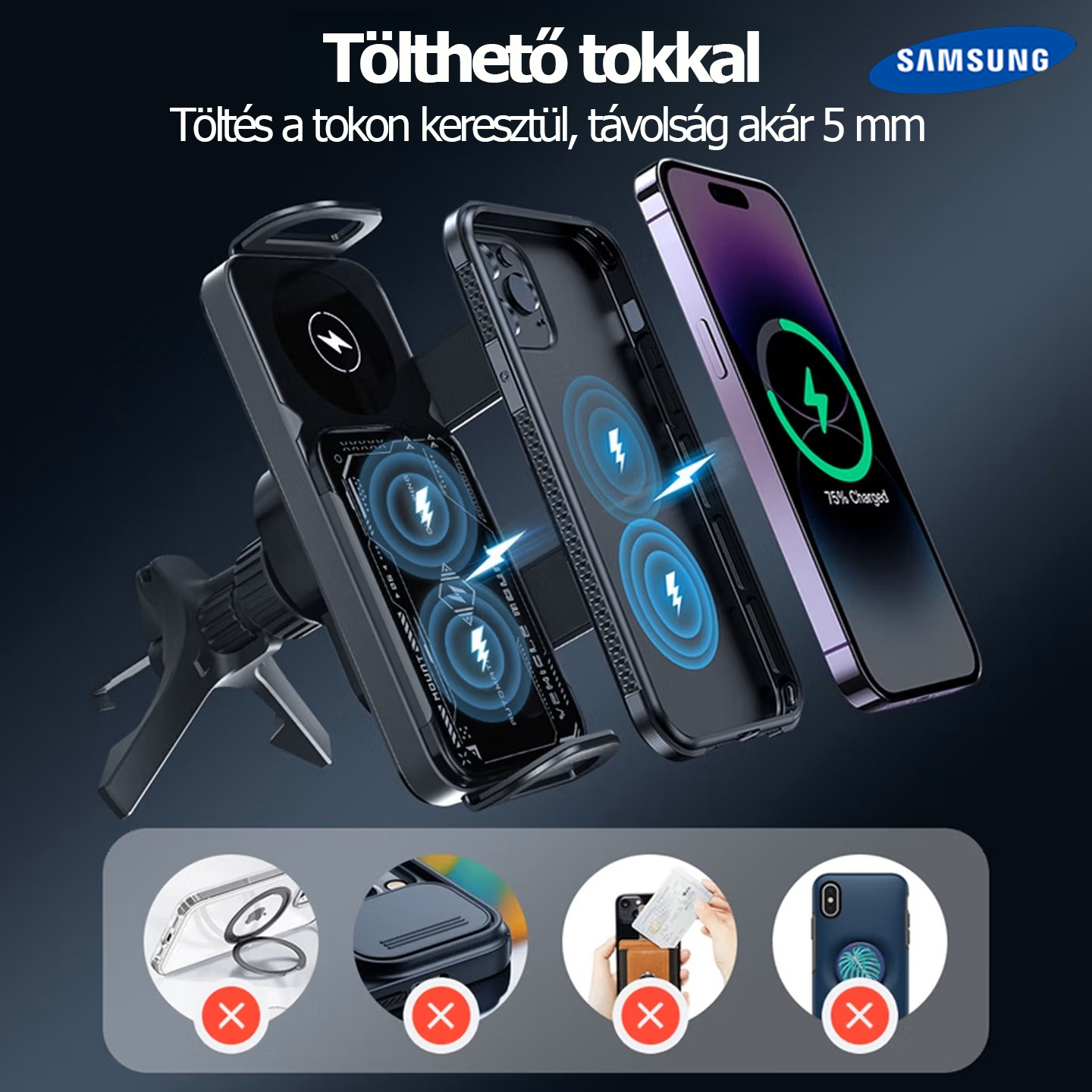 Samsung nagy teljesítményű okostelefon/tablet tartó, 2 az 1-ben automatikusan forgó telefontartó, autós gyorstöltő telefontartó, egy kattintással forgó autós szellőzőnyílásba épített telefontartó, okostelefonokhoz/tabletekhez/összecsukható telefonokhoz al