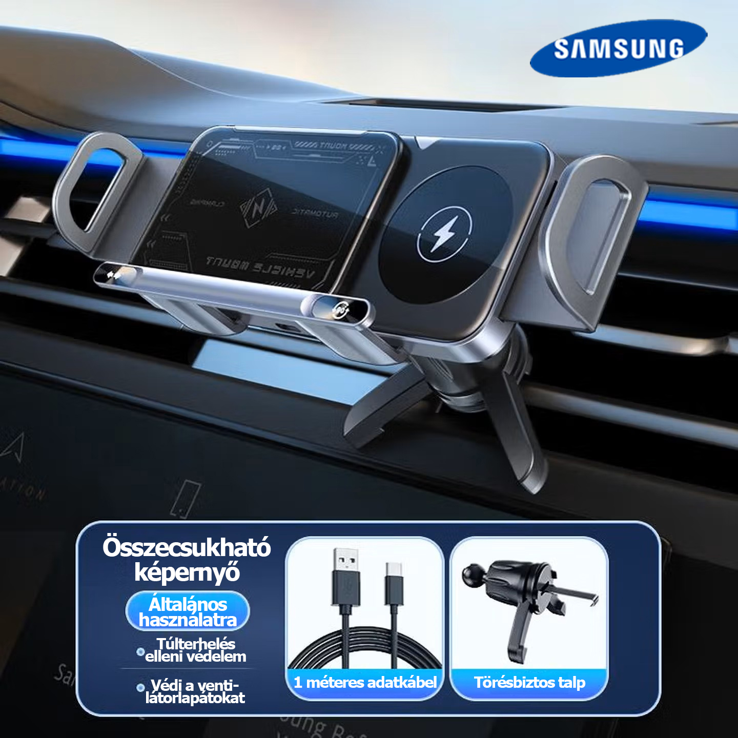 Samsung nagy teljesítményű okostelefon/tablet tartó, 2 az 1-ben automatikusan forgó telefontartó, autós gyorstöltő telefontartó, egy kattintással forgó autós szellőzőnyílásba épített telefontartó, okostelefonokhoz/tabletekhez/összecsukható telefonokhoz al