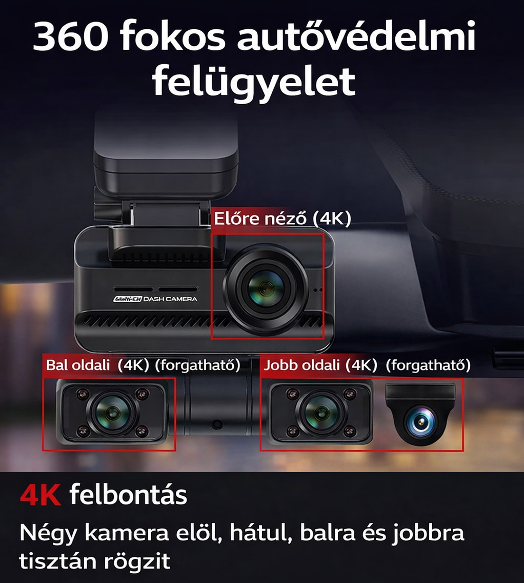 360°-os panoráma autós kamera 4 lencsével, új modell, vezeték nélküli parkolásfigyelés, 24 órás őr üzemmód, nagy felbontású 4K infravörös éjjellátó