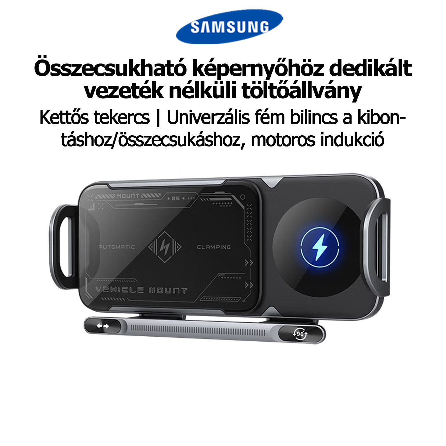 Samsung nagy teljesítményű okostelefon/tablet tartó, 2 az 1-ben automatikusan forgó telefontartó, autós gyorstöltő telefontartó, egy kattintással forgó autós szellőzőnyílásba épített telefontartó, okostelefonokhoz/tabletekhez/összecsukható telefonokhoz al