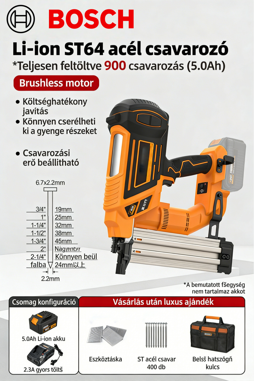 BOSCH 20V Kefe nélküli lítium akkumulátoros ST64 szegező pisztoly — 80J erőteljes áthatolás · Vezeték nélküli, hatékony munka · Professzionális biztonsági meghajtó rendszer