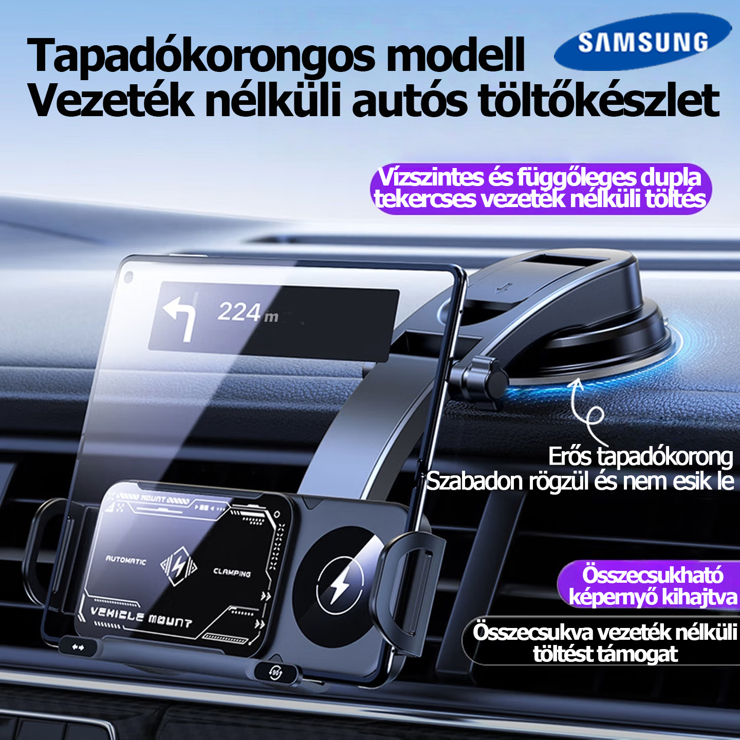 Samsung nagy teljesítményű okostelefon/tablet tartó, 2 az 1-ben automatikusan forgó telefontartó, autós gyorstöltő telefontartó, egy kattintással forgó autós szellőzőnyílásba épített telefontartó, okostelefonokhoz/tabletekhez/összecsukható telefonokhoz al