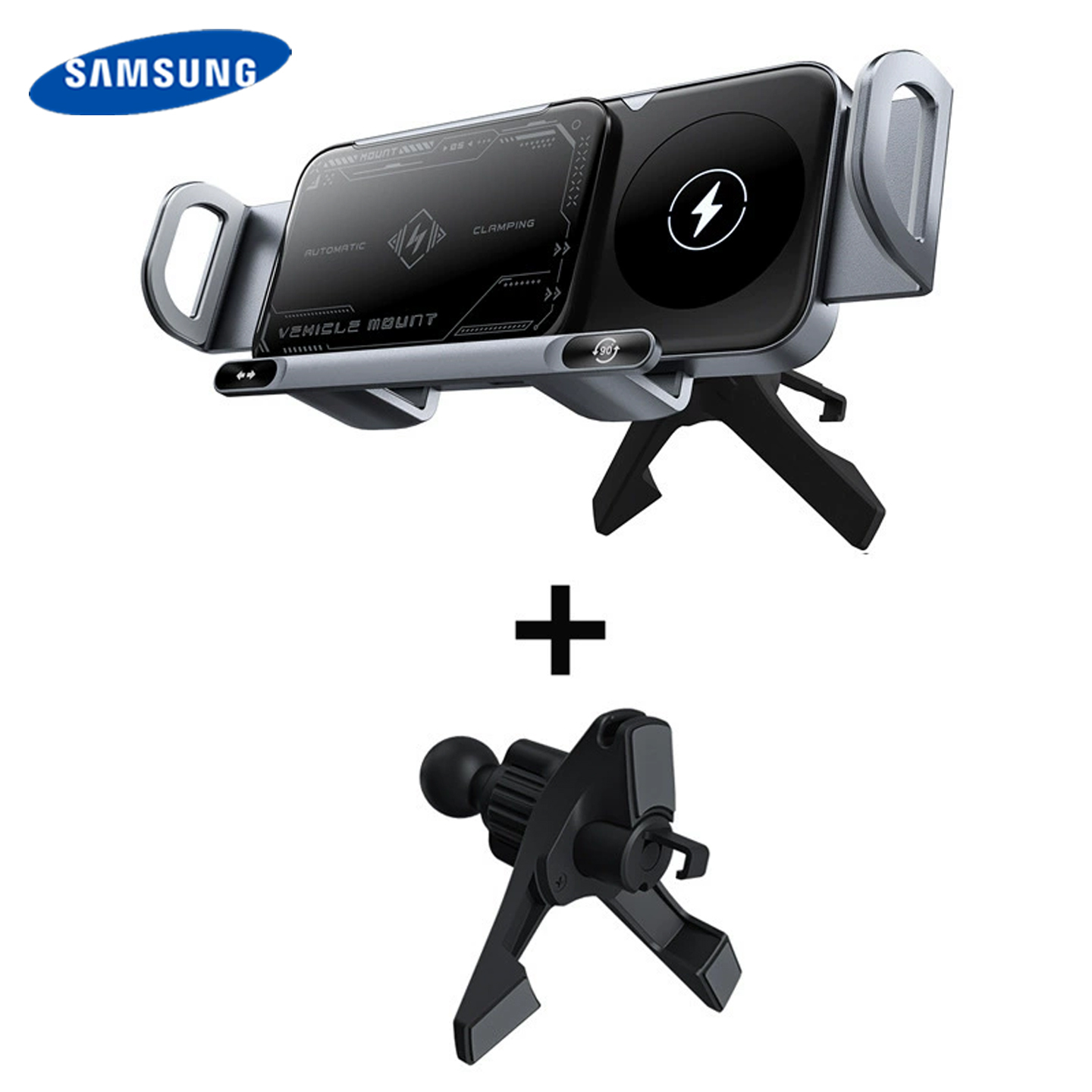 Samsung nagy teljesítményű okostelefon/tablet tartó, 2 az 1-ben automatikusan forgó telefontartó, autós gyorstöltő telefontartó, egy kattintással forgó autós szellőzőnyílásba épített telefontartó, okostelefonokhoz/tabletekhez/összecsukható telefonokhoz al