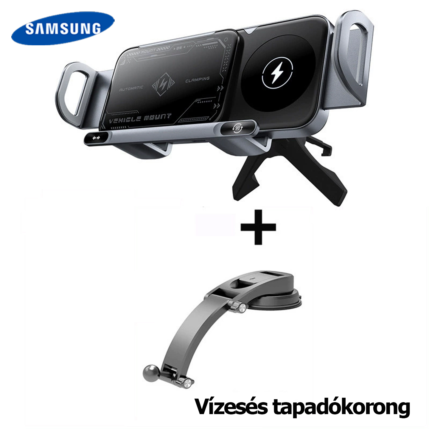 Samsung nagy teljesítményű okostelefon/tablet tartó, 2 az 1-ben automatikusan forgó telefontartó, autós gyorstöltő telefontartó, egy kattintással forgó autós szellőzőnyílásba épített telefontartó, okostelefonokhoz/tabletekhez/összecsukható telefonokhoz al