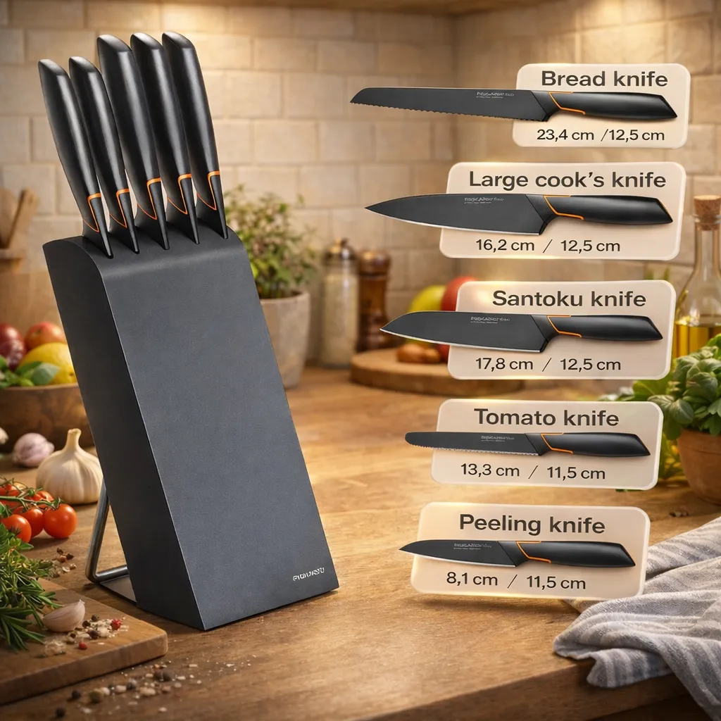 👩‍🍳 FISKARS® Limitált kiadás: EDGE 5 részes konyhai késkészlet – éles kések + tartó + késélező