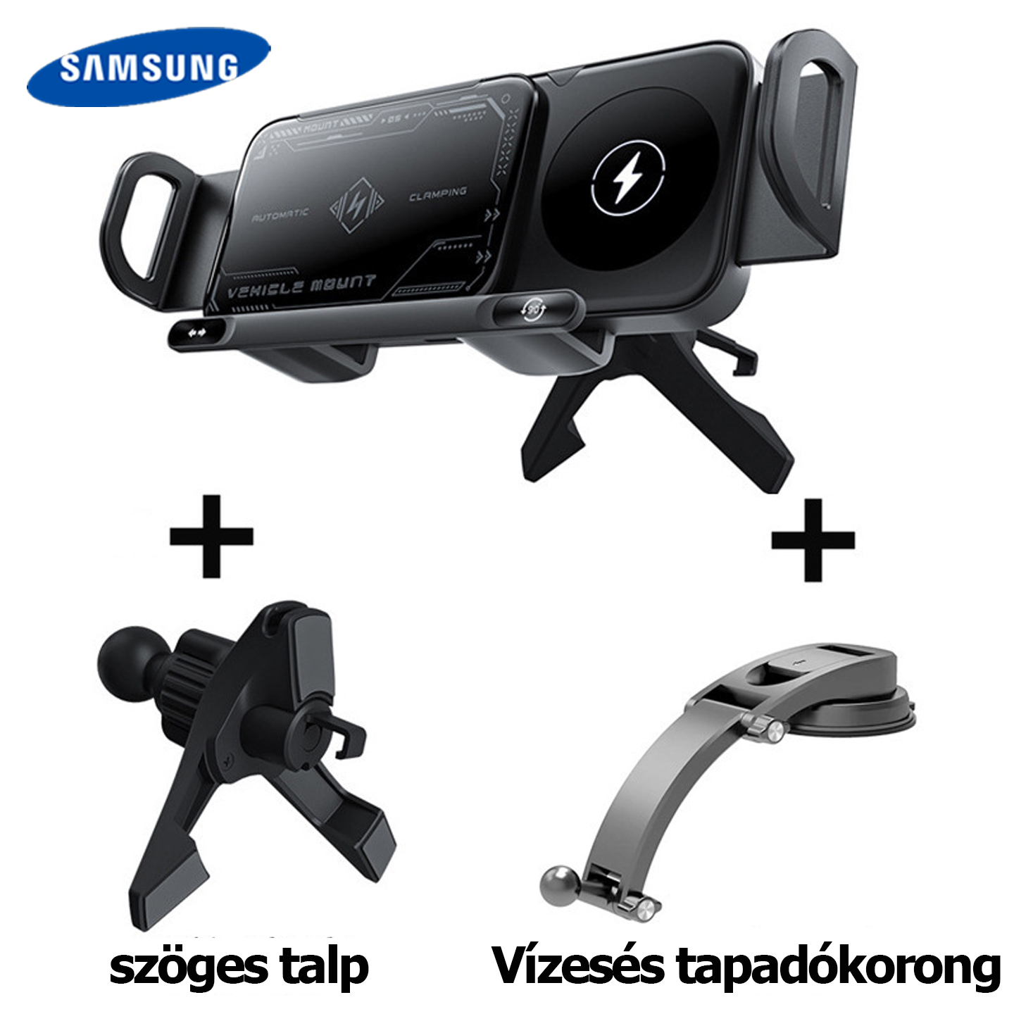 Samsung nagy teljesítményű okostelefon/tablet tartó, 2 az 1-ben automatikusan forgó telefontartó, autós gyorstöltő telefontartó, egy kattintással forgó autós szellőzőnyílásba épített telefontartó, okostelefonokhoz/tabletekhez/összecsukható telefonokhoz al