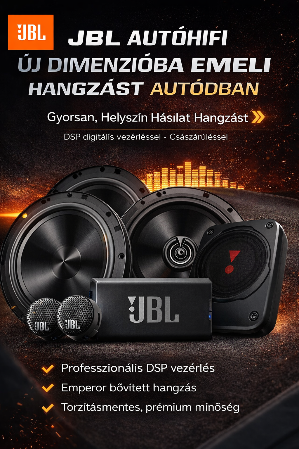 JBL autórádió-bővítőcsomag: 4 ajtós, 6 hangszórós szett, 6,5 hüvelykes univerzális autós hangszórók (zászlóshajó modell)