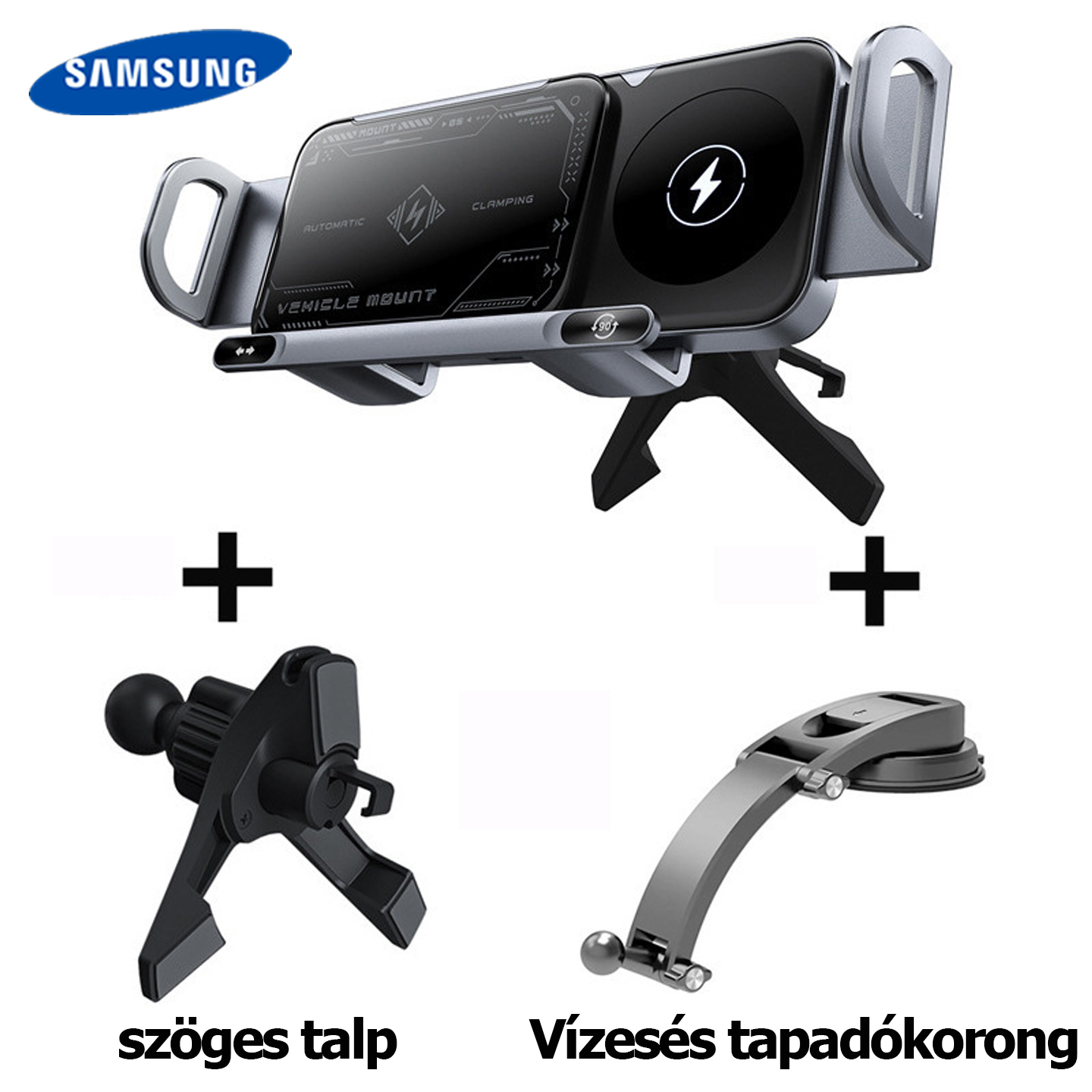 Samsung nagy teljesítményű okostelefon/tablet tartó, 2 az 1-ben automatikusan forgó telefontartó, autós gyorstöltő telefontartó, egy kattintással forgó autós szellőzőnyílásba épített telefontartó, okostelefonokhoz/tabletekhez/összecsukható telefonokhoz al