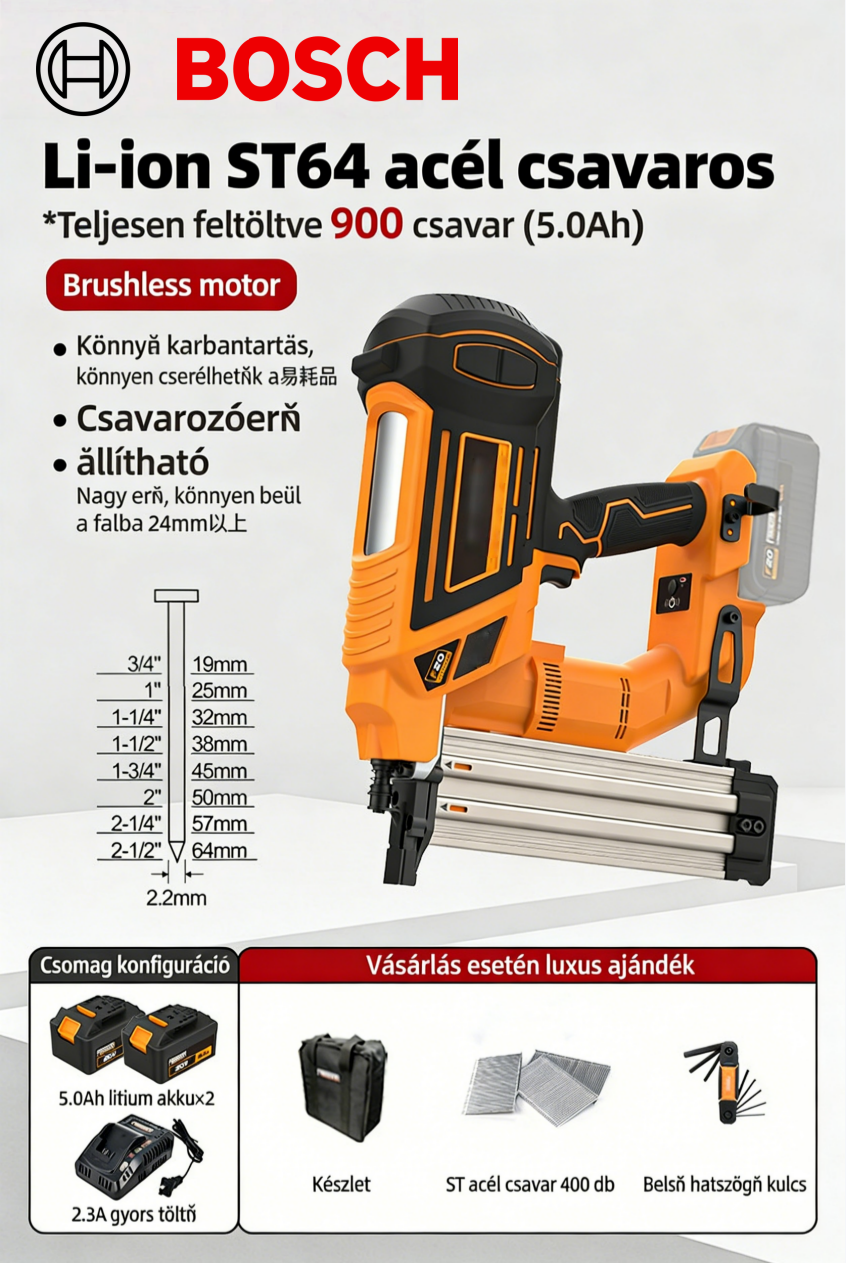 BOSCH 20V Kefe nélküli lítium akkumulátoros ST64 szegező pisztoly — 80J erőteljes áthatolás · Vezeték nélküli, hatékony munka · Professzionális biztonsági meghajtó rendszer
