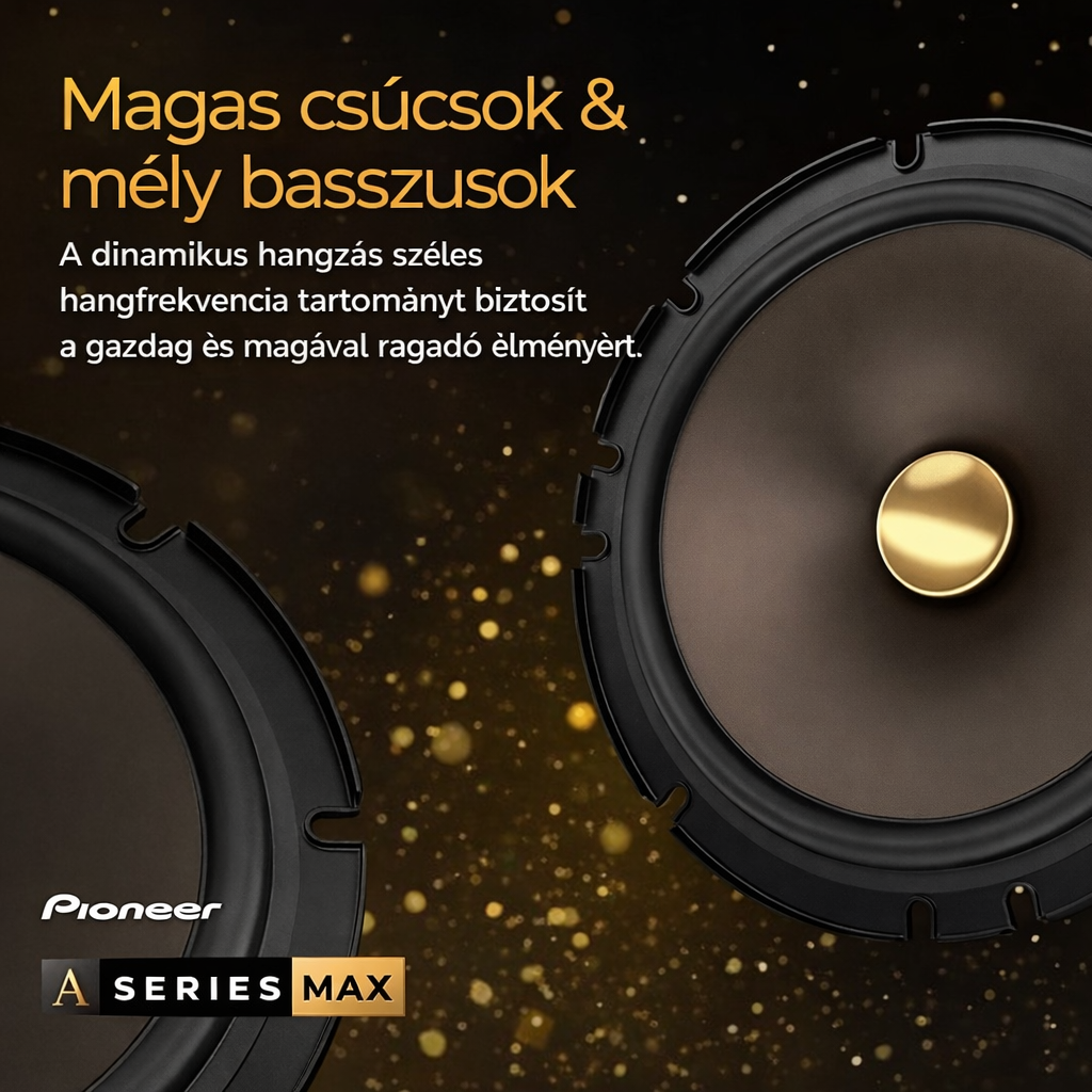 PIONEER A-sorozatú 6,5”-os 2-utas hangszórók (párban), kiegyensúlyozott hangzás + sima magas hangok, fokozott basszus, ideális gyári frissítés, mellékelt telepítési adapterek