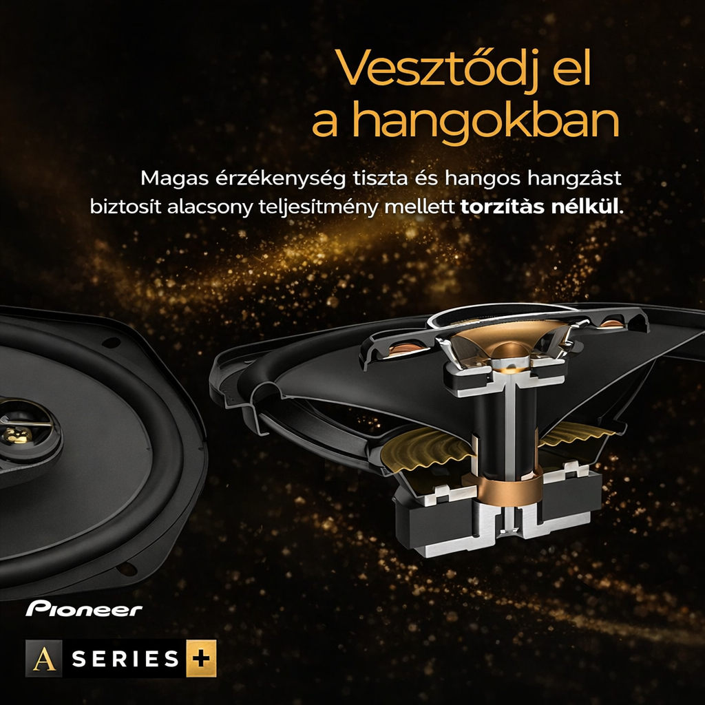 PIONEER A-sorozatú 6,5”-os 2-utas hangszórók (párban), kiegyensúlyozott hangzás + sima magas hangok, fokozott basszus, ideális gyári frissítés, mellékelt telepítési adapterek