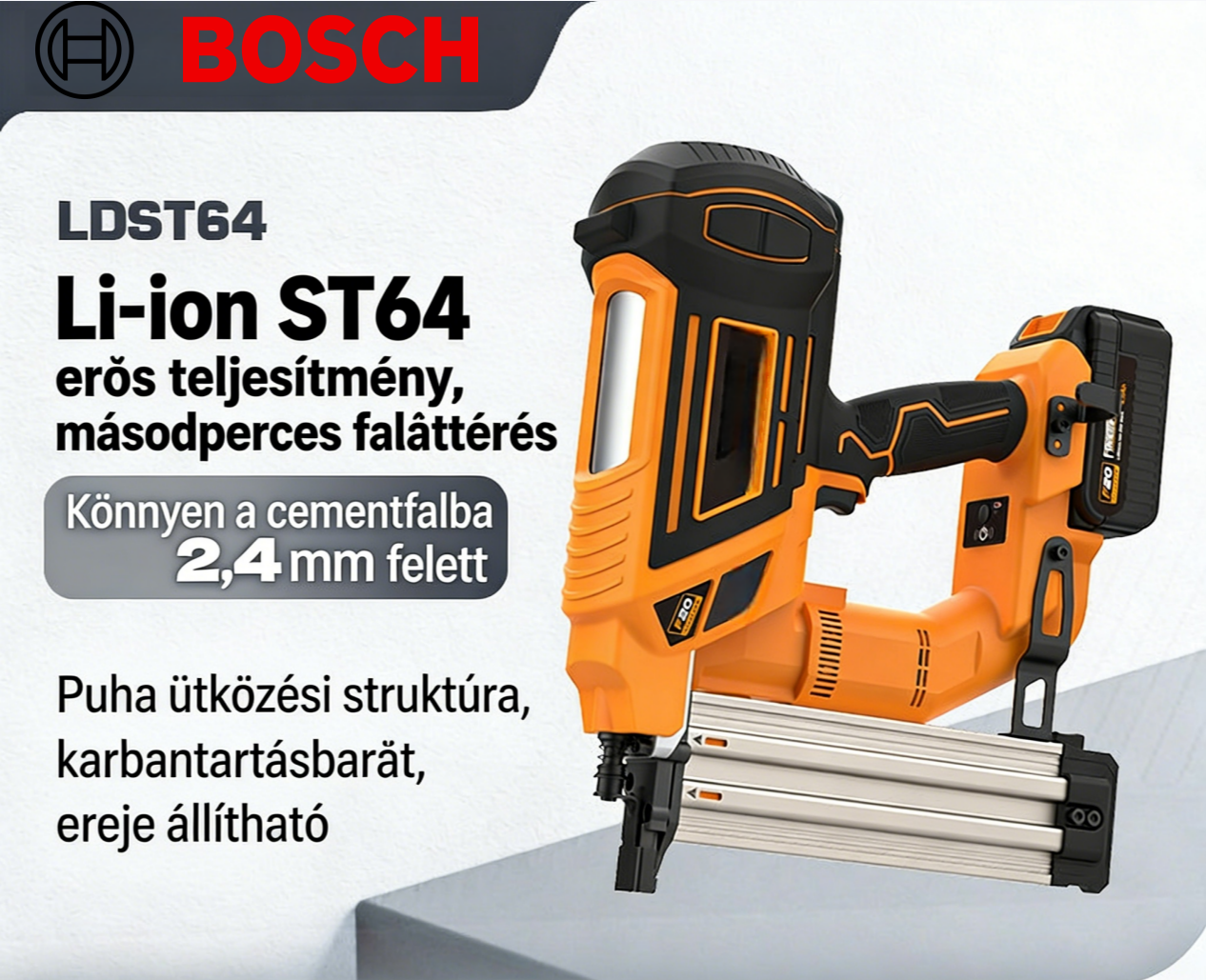 BOSCH 20V Kefe nélküli lítium akkumulátoros ST64 szegező pisztoly — 80J erőteljes áthatolás · Vezeték nélküli, hatékony munka · Professzionális biztonsági meghajtó rendszer
