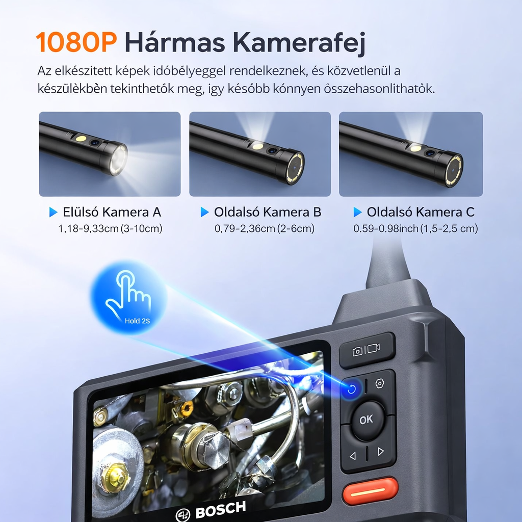 Háromlencsés endoszkóp kamera lámpával, 50 láb hosszú, félmerev kábellel, BOSCH 5" IPS képernyős csatornavizsgáló kamera, 1080P ipari boreszkóp, osztott képernyő, vízálló lefolyócső-szerszám, hordtáska