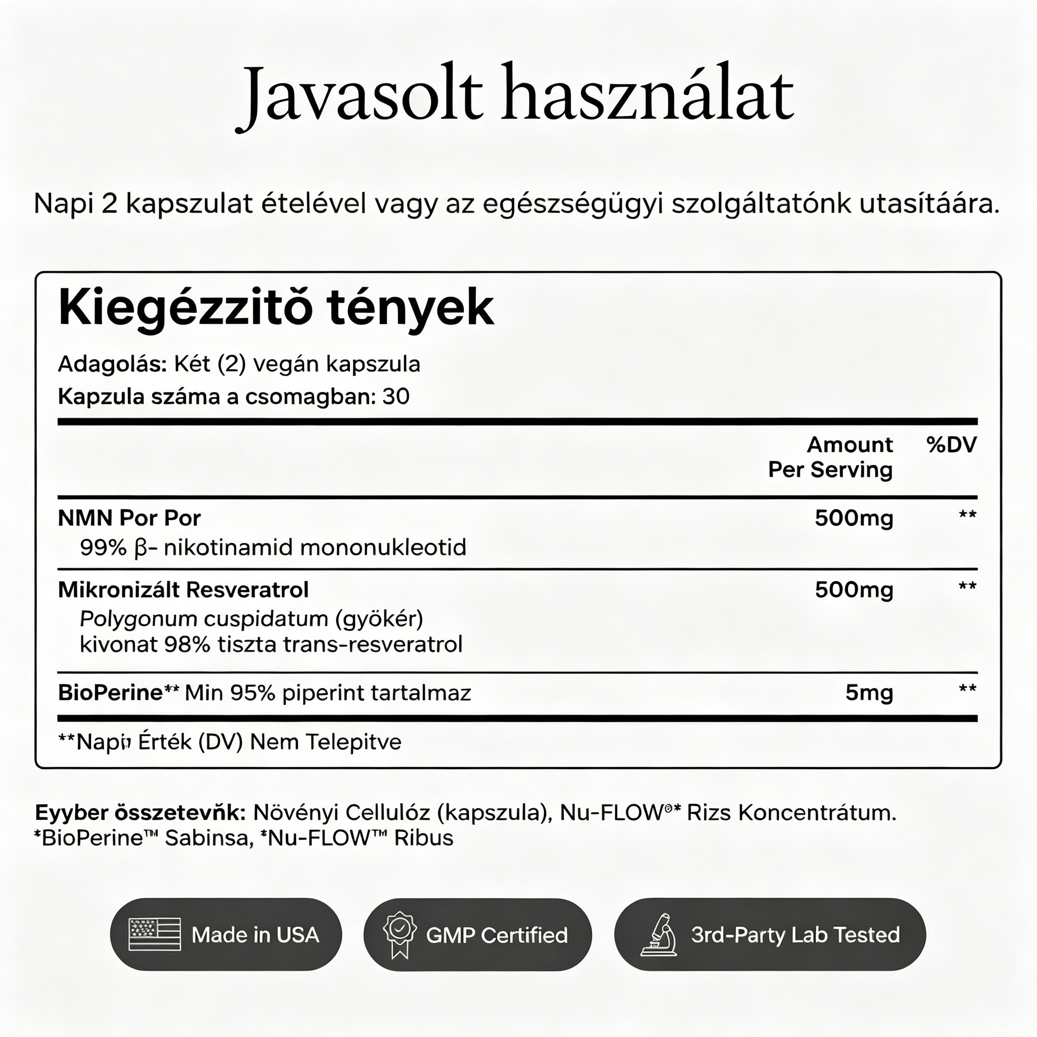 NMN + Resveratrol MD által kifejlesztett sejtszintű NAD+ fokozó ultratiszta NMN-nel és resveratrolral, kutatásokkal alátámasztott dózisokban.