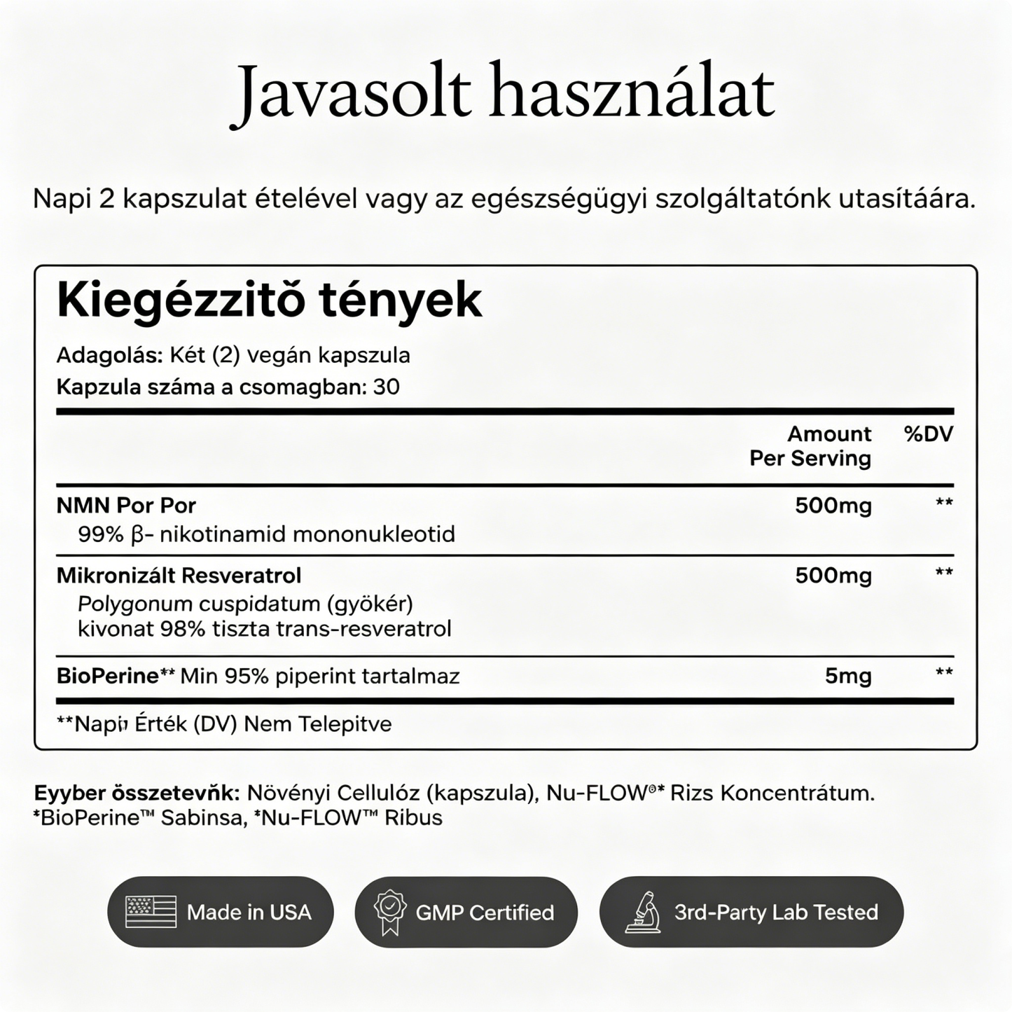 NMN + Resveratrol MD által kifejlesztett sejtszintű NAD+ fokozó ultratiszta NMN-nel és resveratrolral, kutatásokkal alátámasztott dózisokban.