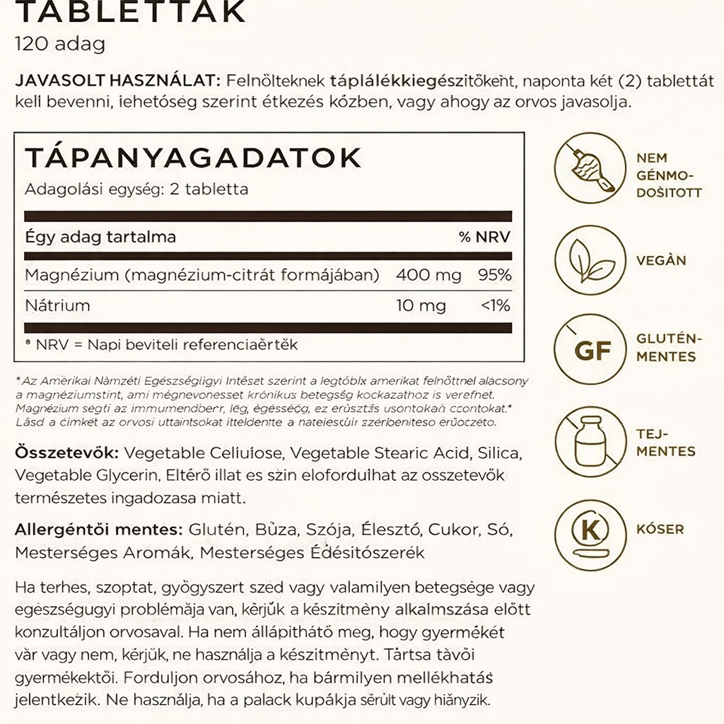 Solgar Magnézium-citrát, 120 tabletta - Elősegíti az egészséges csontokat - Támogatja az ideg- és izomműködést - Nem GMO, Vegán, Gluténmentes, Tejmentes,