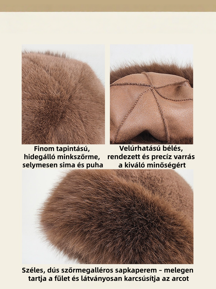 Női téli nercprém sapkák, rókaprém karimás sapkák, szőrös halász sapkák, téli plüss szőrme sapkák, orosz stílusú nercs kalapok