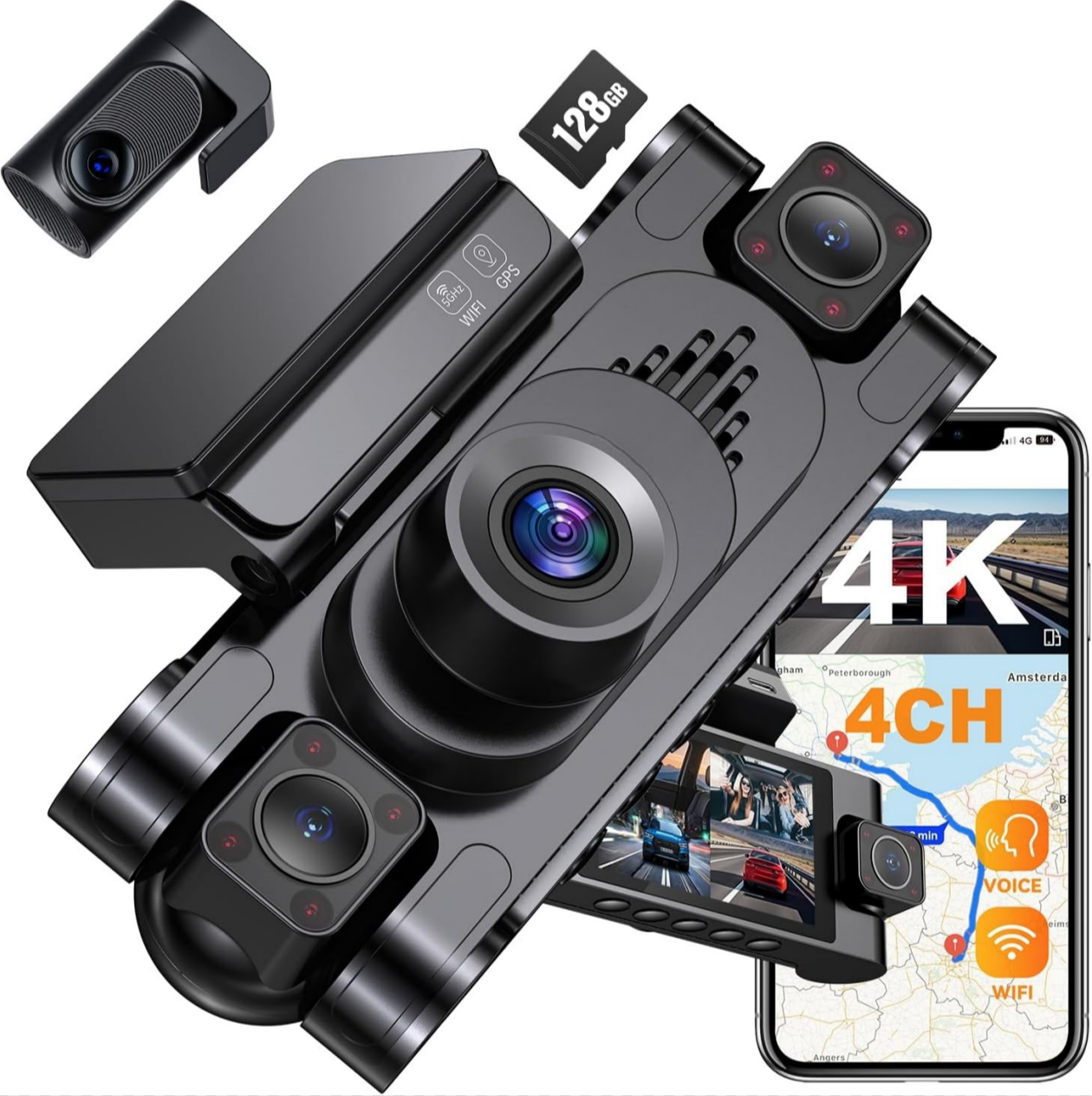 Garmin 4K 360° panoráma menetrögzítő kamera 4 csatornás rendszer elöl–hátul–utastér 128 GB beépített memória Hangvezérlés 5.8G WiFi + GPS Infravörös éjjellátás G-szenzor 24/7 parkolófelügyelet Folyamatos ciklikus rögzítés