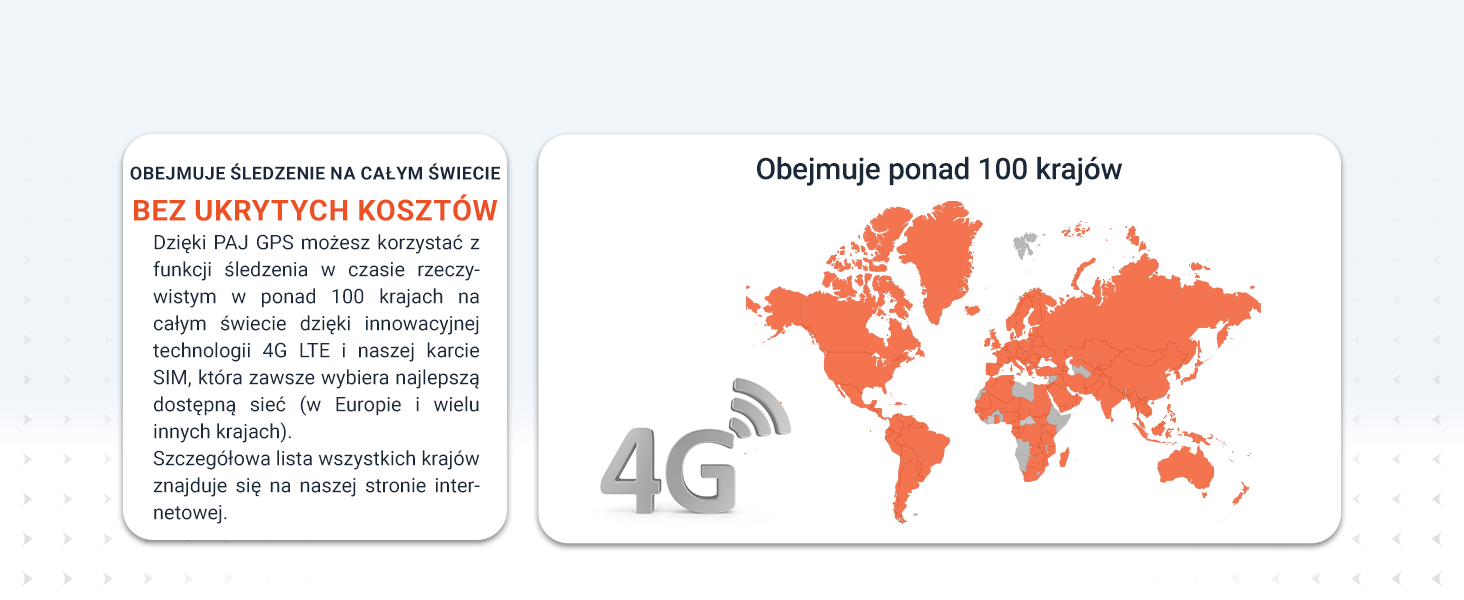 Infografika przedstawiająca mapę świata w kolorze koralowym czerwonym z symbolem &bdquo;4G&rdquo; i panelami tekstowymi specyfikacji technicznych. Wydaje się, że jest związany z telekomunikacją lub zasięgiem sieci.