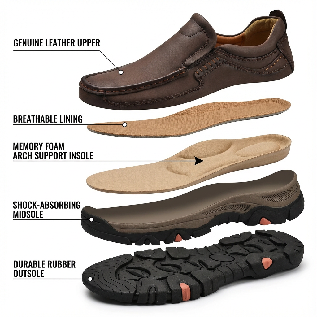 Men’s Orthopedic Wide-Fit Genuine Leather Slip-On Shoes – Supportive Comfort Loafers