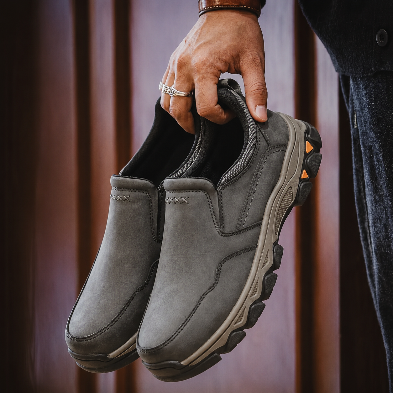 Men's wide-toe, non-slip, hands free slip- loafer shoes