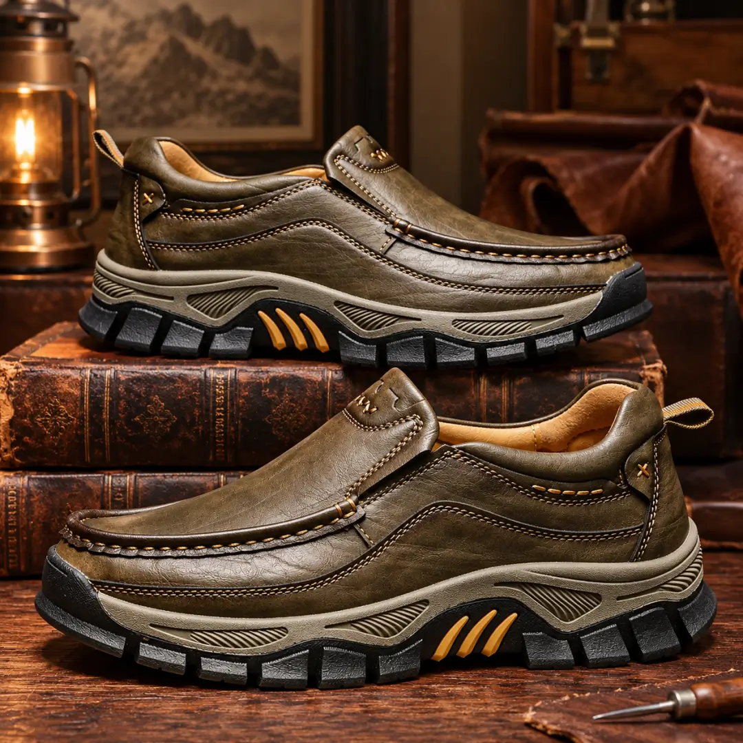 Men’s Leather Slip-On Walking Shoes – Hands Free, All-Day Comfort & Rugged Grip