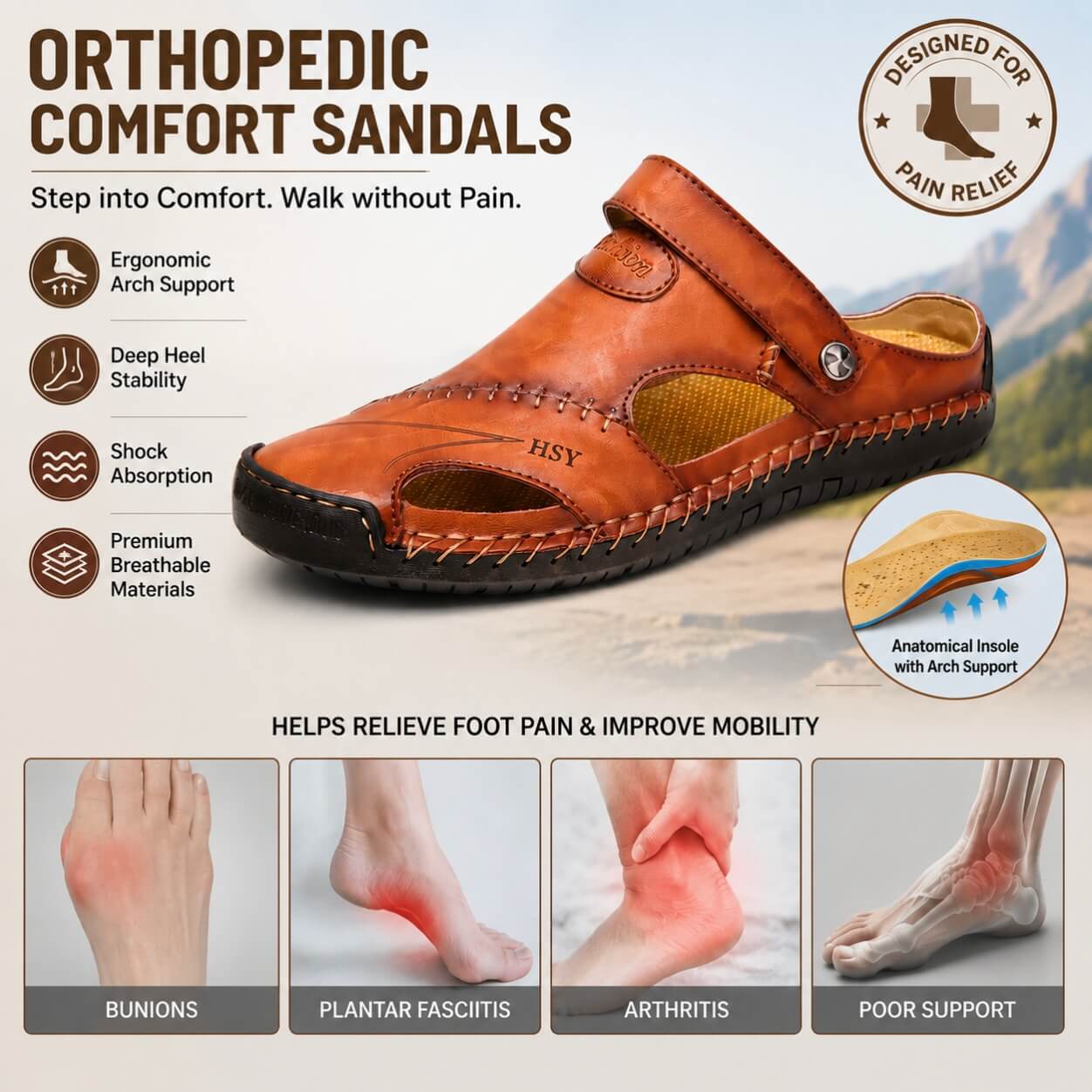⏰Limited-Time 50% OFF – Men's Genuine Leather Orthopedic 2-in-1 Slip-On Sandals