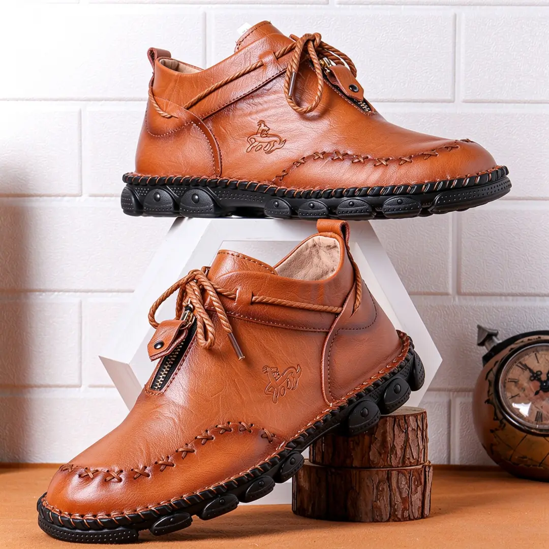 Men's Handcrafted Genuine Leather Zip-Up Boots — Easy On/Off & Arch Support for All-Day Comfort