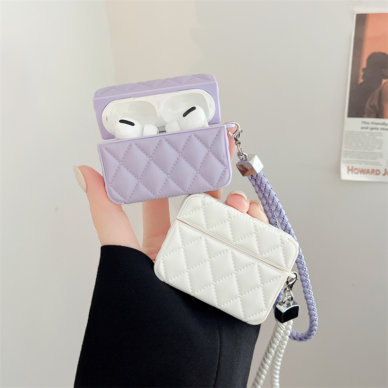 Diamond Grid AirPods Case with Leather Lanyard Purple-LXK240703