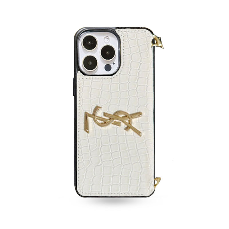 Leather YL iPhone Case With Card Holder And Strap White-ZPB241045