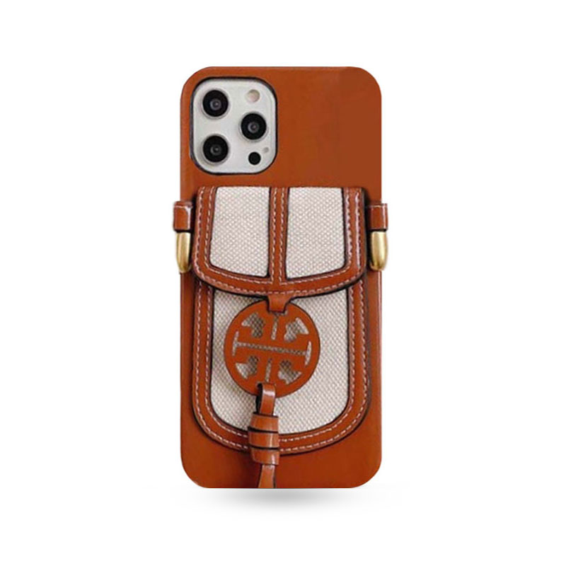 TB iPhone Case With Card Holder And Strap Brown -SZ240411