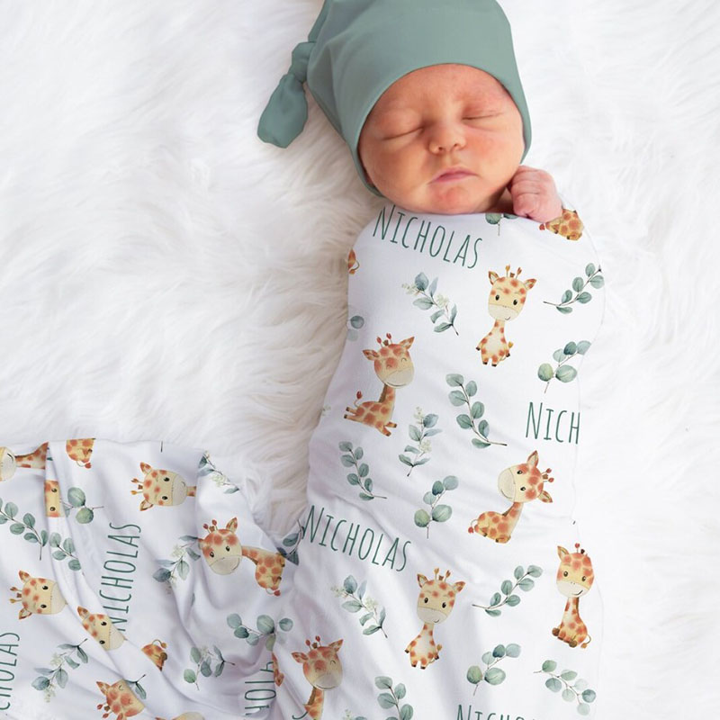 Custom Giraffe Swaddle Blanket Personalized Baby Boy Giraffe Name Blanket