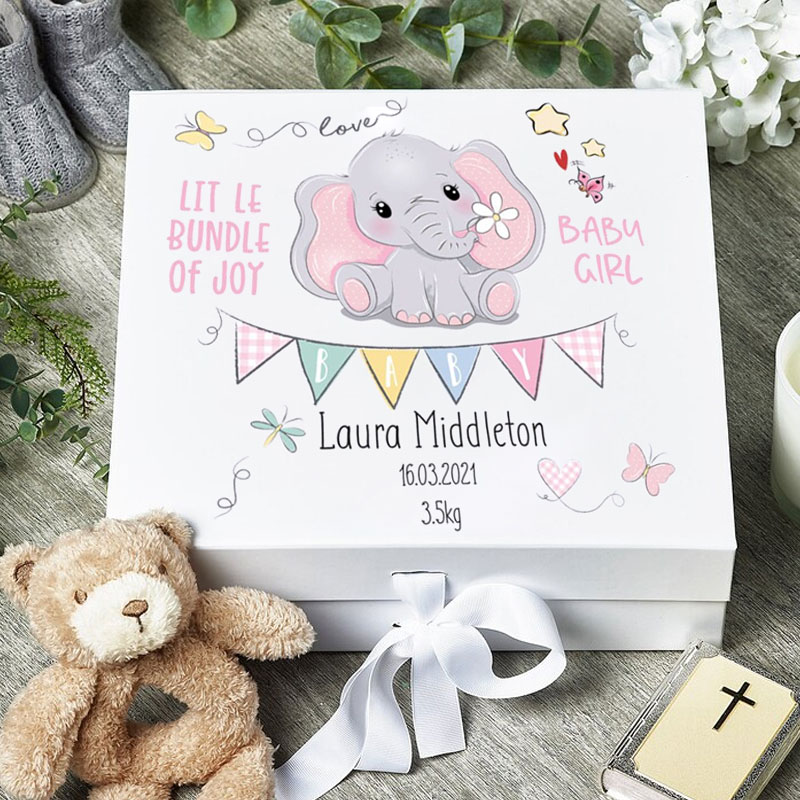 Personalised Baby Girl Keepsake Memory Box Elephant Design