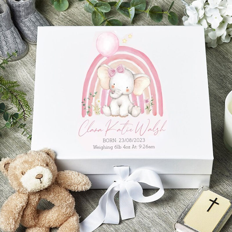 Personalised Pink Blue Elephant Rainbow Baby New Baby Gift Box