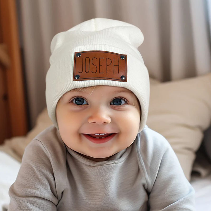 Custom Newborn Baby Beanie Leather Patch Beanies for Infant Toddler Kids Adult