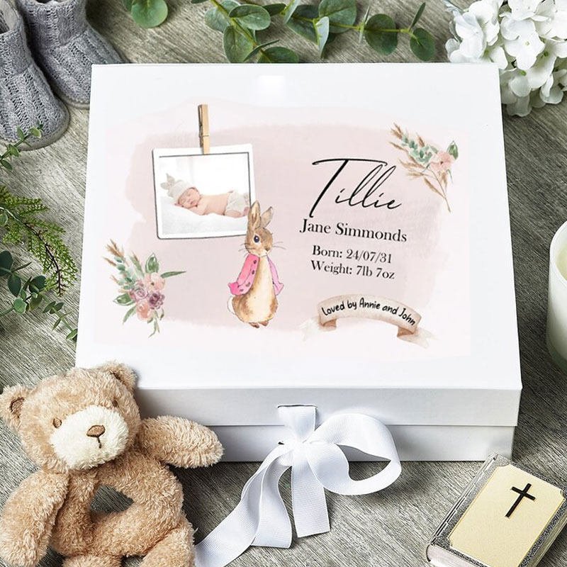 Personalised Blue Pink Rabbit Own Photo Baby Gift Box
