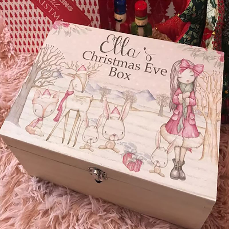 Personalised Woodland Girl Wooden Christmas Eve box Xmas Eve Wooden Box