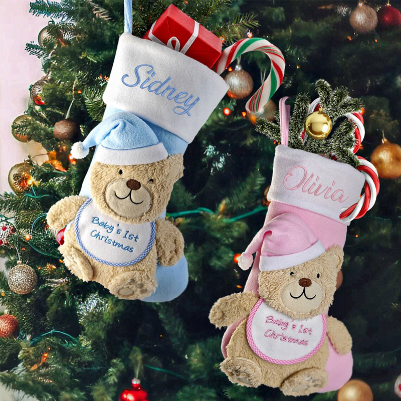 Embroidered 3D Bear Baby 1st Christmas Stocking