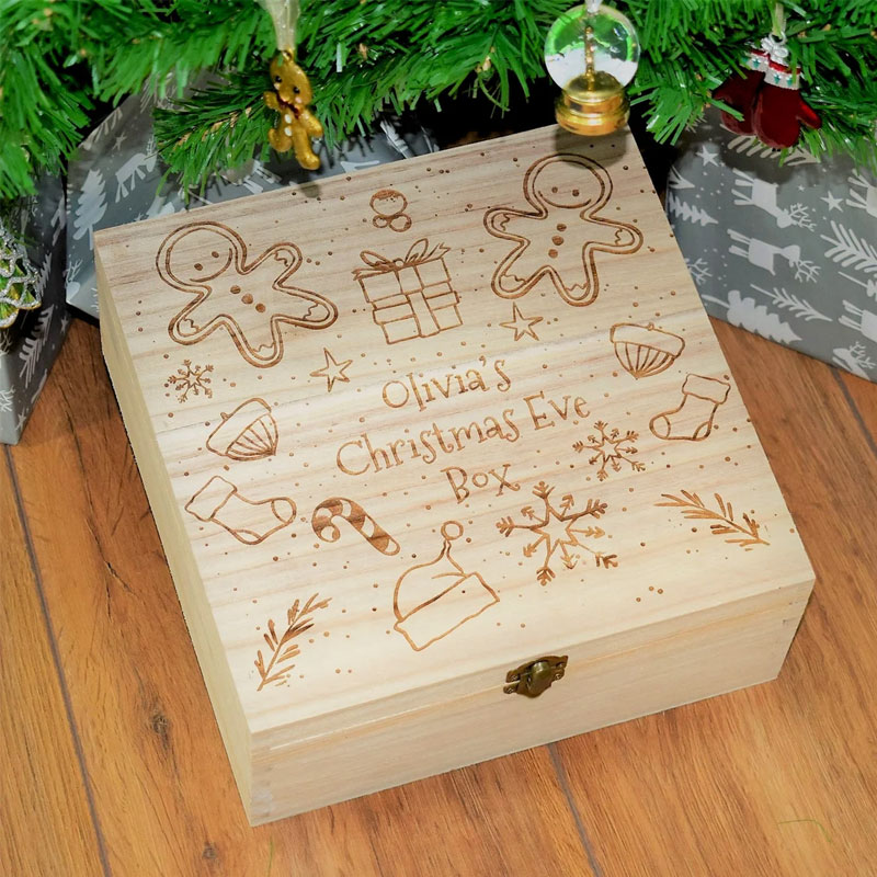 Engraved Gingerbread Men Wooden Christmas Eve Boxes for Children